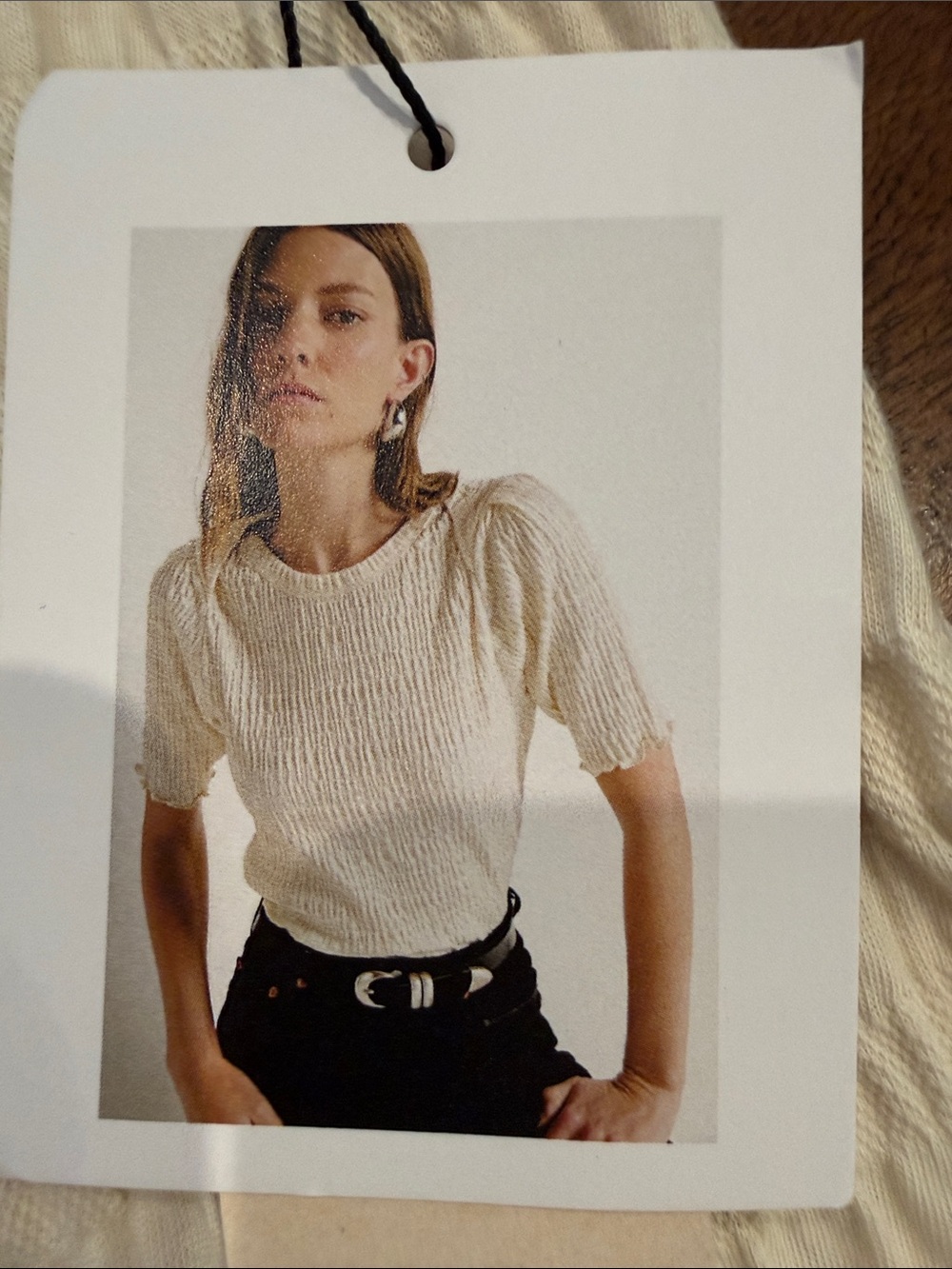 Cream Short-Sleeve Textured Knit Tee
